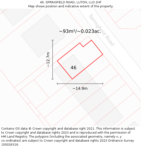46, SPRINGFIELD ROAD, LUTON, LU3 2HF: Plot and title map