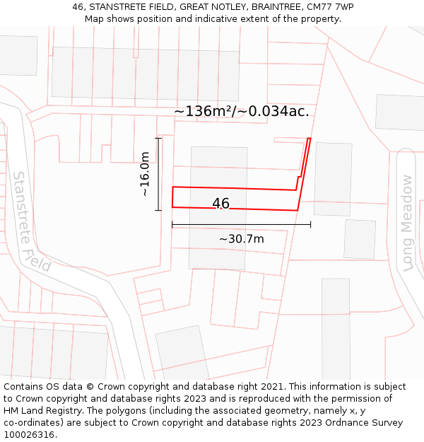 46, STANSTRETE FIELD, GREAT NOTLEY, BRAINTREE, CM77 7WP: Plot and title map