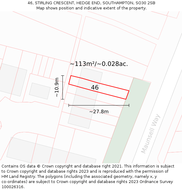 46, STIRLING CRESCENT, HEDGE END, SOUTHAMPTON, SO30 2SB: Plot and title map