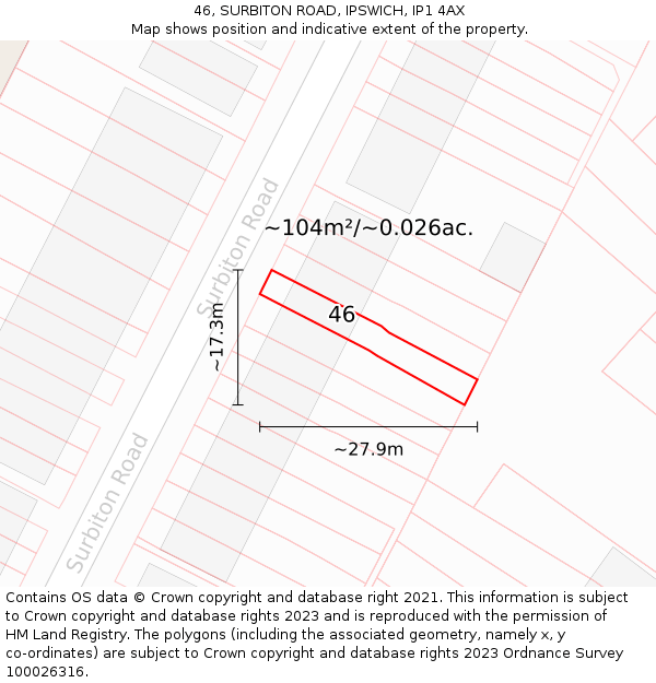 46, SURBITON ROAD, IPSWICH, IP1 4AX: Plot and title map