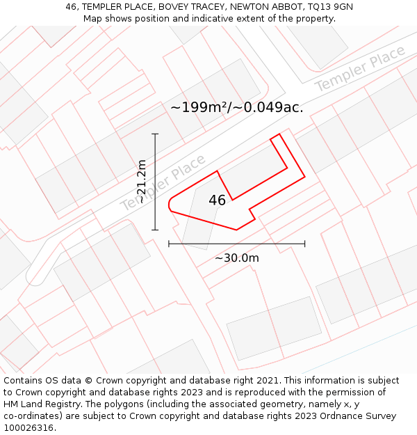46, TEMPLER PLACE, BOVEY TRACEY, NEWTON ABBOT, TQ13 9GN: Plot and title map