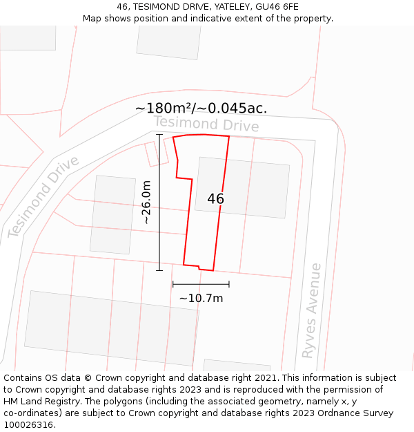 46, TESIMOND DRIVE, YATELEY, GU46 6FE: Plot and title map