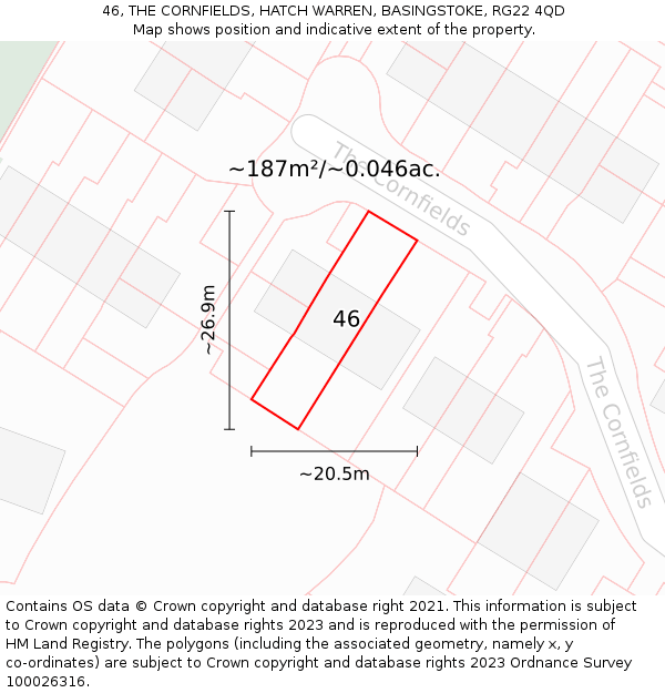 46, THE CORNFIELDS, HATCH WARREN, BASINGSTOKE, RG22 4QD: Plot and title map