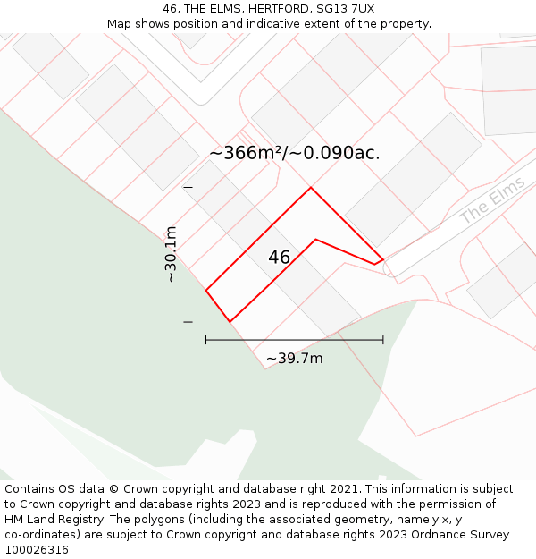 46, THE ELMS, HERTFORD, SG13 7UX: Plot and title map