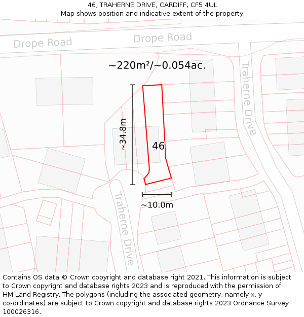 46, TRAHERNE DRIVE, CARDIFF, CF5 4UL: Plot and title map