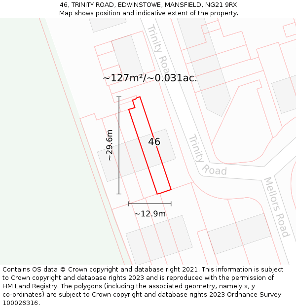 46, TRINITY ROAD, EDWINSTOWE, MANSFIELD, NG21 9RX: Plot and title map