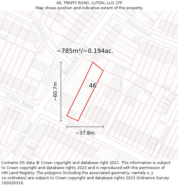 46, TRINITY ROAD, LUTON, LU3 1TP: Plot and title map