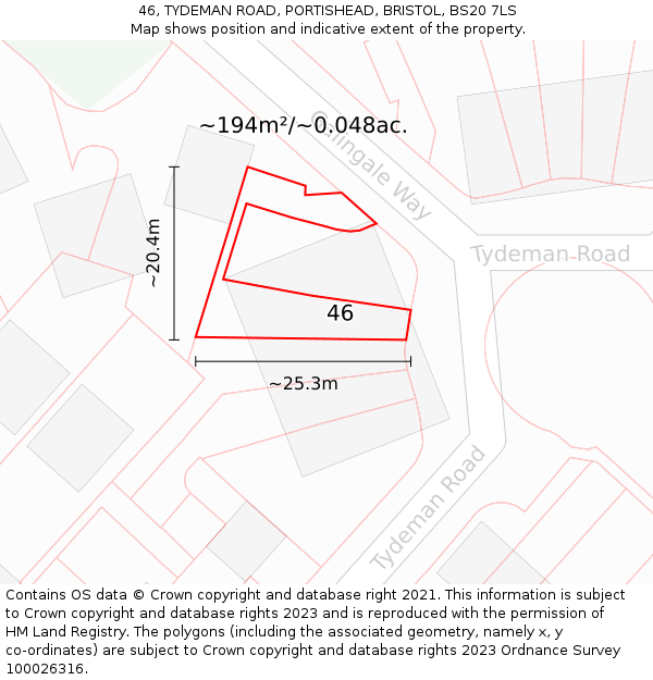 46, TYDEMAN ROAD, PORTISHEAD, BRISTOL, BS20 7LS: Plot and title map
