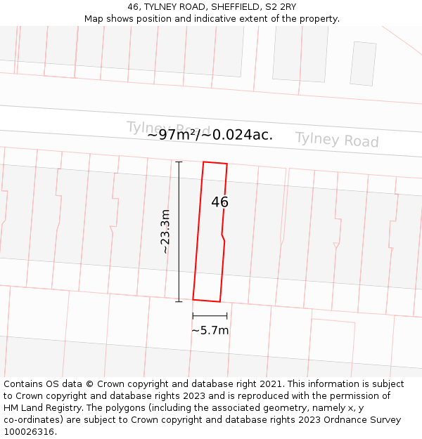 46, TYLNEY ROAD, SHEFFIELD, S2 2RY: Plot and title map