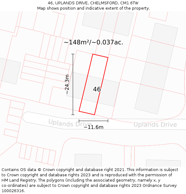 46, UPLANDS DRIVE, CHELMSFORD, CM1 6TW: Plot and title map