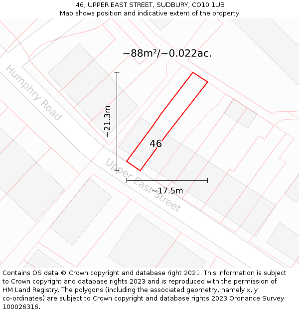 46, UPPER EAST STREET, SUDBURY, CO10 1UB: Plot and title map