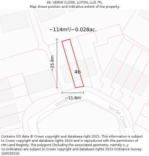 46, VERDE CLOSE, LUTON, LU2 7FL: Plot and title map