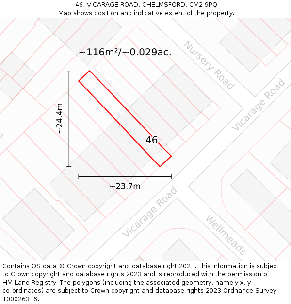 46, VICARAGE ROAD, CHELMSFORD, CM2 9PQ: Plot and title map