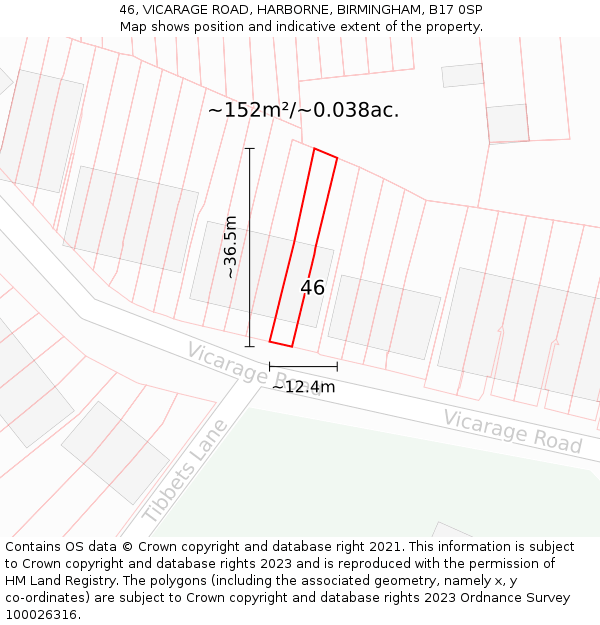 46, VICARAGE ROAD, HARBORNE, BIRMINGHAM, B17 0SP: Plot and title map
