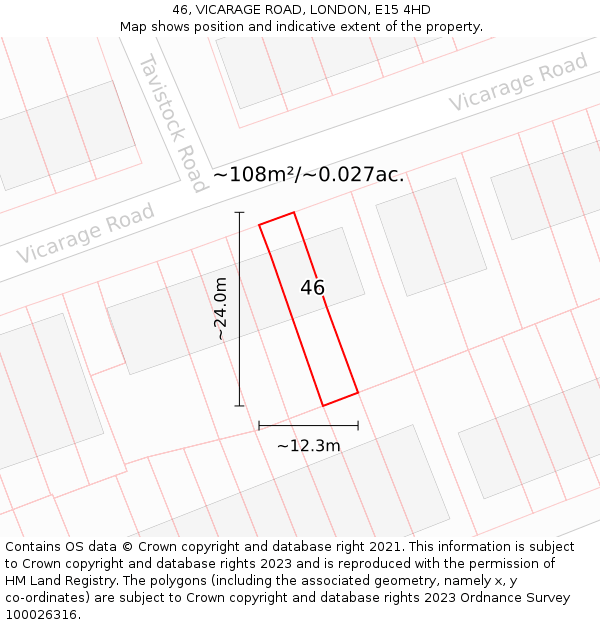 46, VICARAGE ROAD, LONDON, E15 4HD: Plot and title map