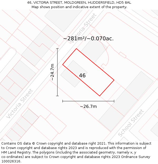 46, VICTORIA STREET, MOLDGREEN, HUDDERSFIELD, HD5 8AL: Plot and title map