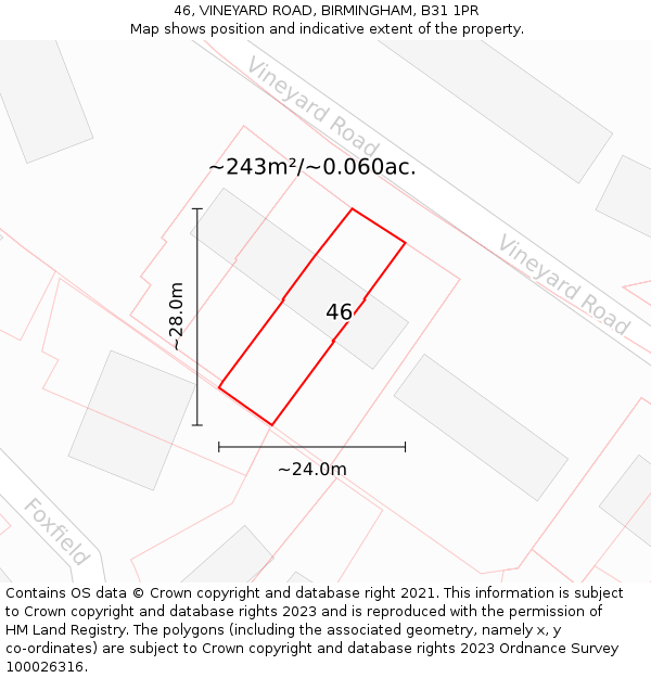 46, VINEYARD ROAD, BIRMINGHAM, B31 1PR: Plot and title map
