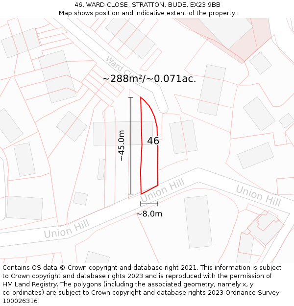 46, WARD CLOSE, STRATTON, BUDE, EX23 9BB: Plot and title map
