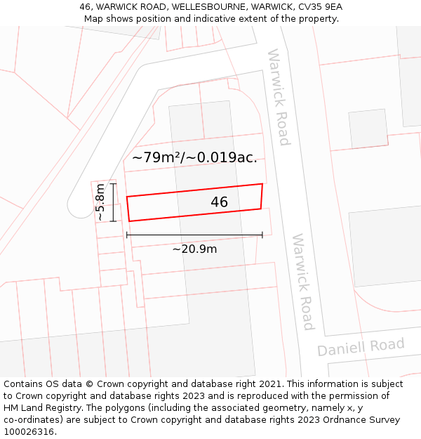 46, WARWICK ROAD, WELLESBOURNE, WARWICK, CV35 9EA: Plot and title map