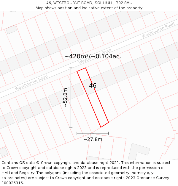 46, WESTBOURNE ROAD, SOLIHULL, B92 8AU: Plot and title map