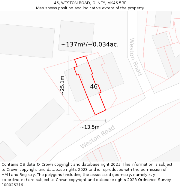 46, WESTON ROAD, OLNEY, MK46 5BE: Plot and title map