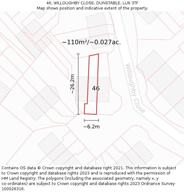 46, WILLOUGHBY CLOSE, DUNSTABLE, LU6 3TF: Plot and title map