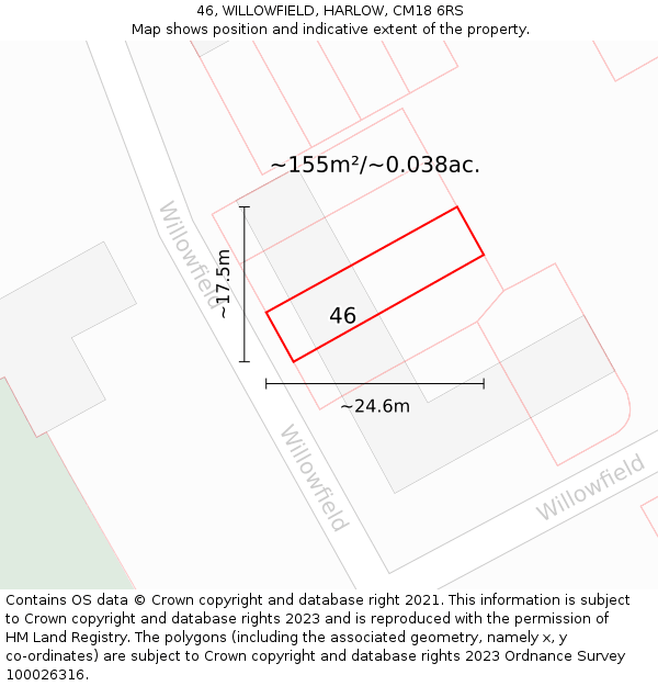 46, WILLOWFIELD, HARLOW, CM18 6RS: Plot and title map