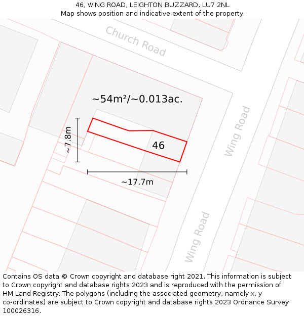 46, WING ROAD, LEIGHTON BUZZARD, LU7 2NL: Plot and title map