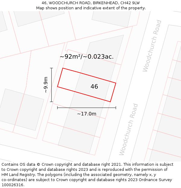 46, WOODCHURCH ROAD, BIRKENHEAD, CH42 9LW: Plot and title map