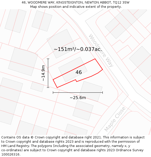 46, WOODMERE WAY, KINGSTEIGNTON, NEWTON ABBOT, TQ12 3SW: Plot and title map