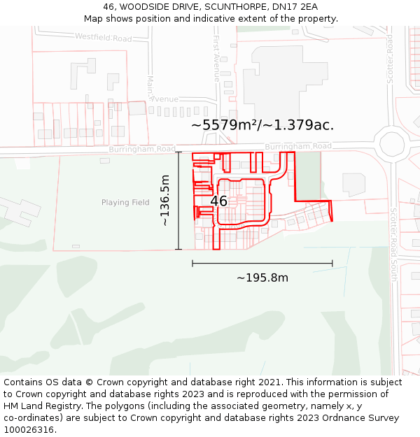 46, WOODSIDE DRIVE, SCUNTHORPE, DN17 2EA: Plot and title map