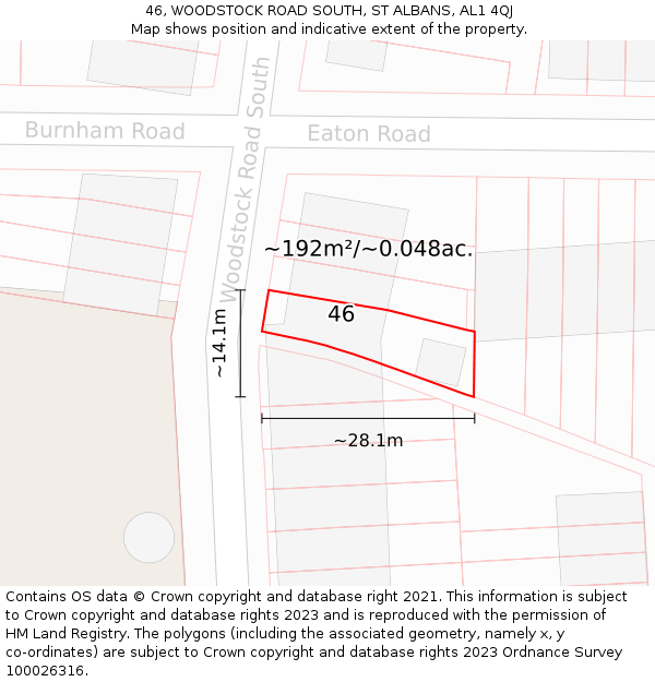 46, WOODSTOCK ROAD SOUTH, ST ALBANS, AL1 4QJ: Plot and title map