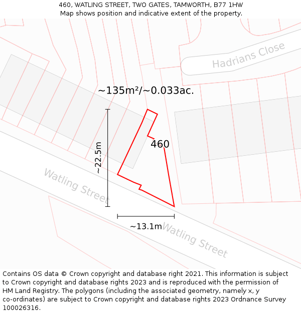 460, WATLING STREET, TWO GATES, TAMWORTH, B77 1HW: Plot and title map