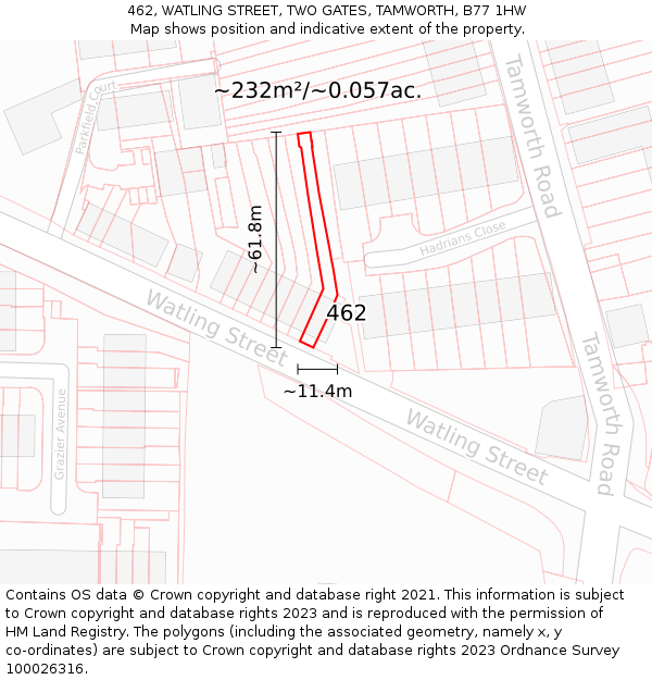 462, WATLING STREET, TWO GATES, TAMWORTH, B77 1HW: Plot and title map