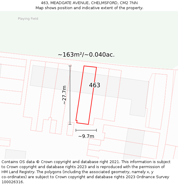 463, MEADGATE AVENUE, CHELMSFORD, CM2 7NN: Plot and title map