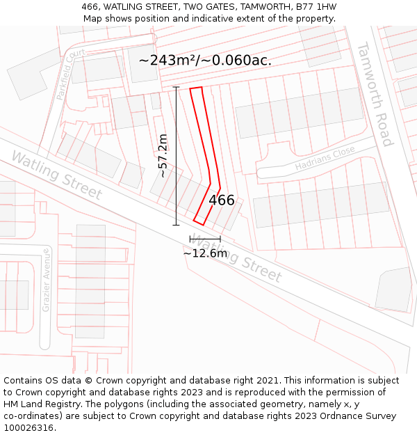 466, WATLING STREET, TWO GATES, TAMWORTH, B77 1HW: Plot and title map