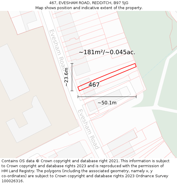 467, EVESHAM ROAD, REDDITCH, B97 5JG: Plot and title map