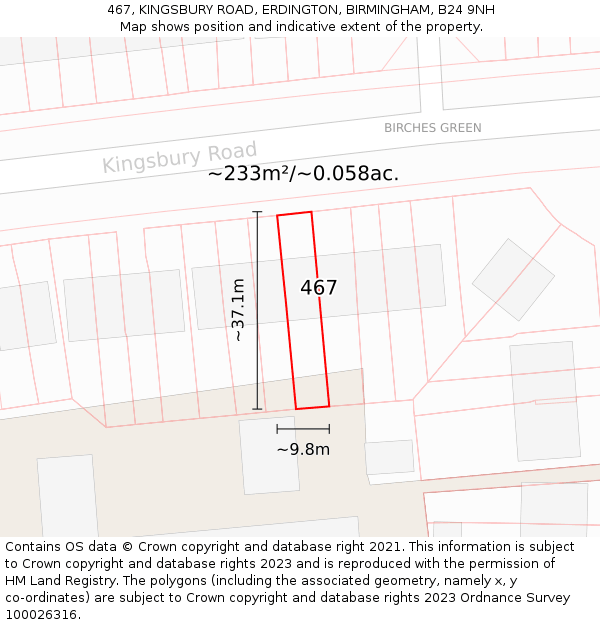 467, KINGSBURY ROAD, ERDINGTON, BIRMINGHAM, B24 9NH: Plot and title map