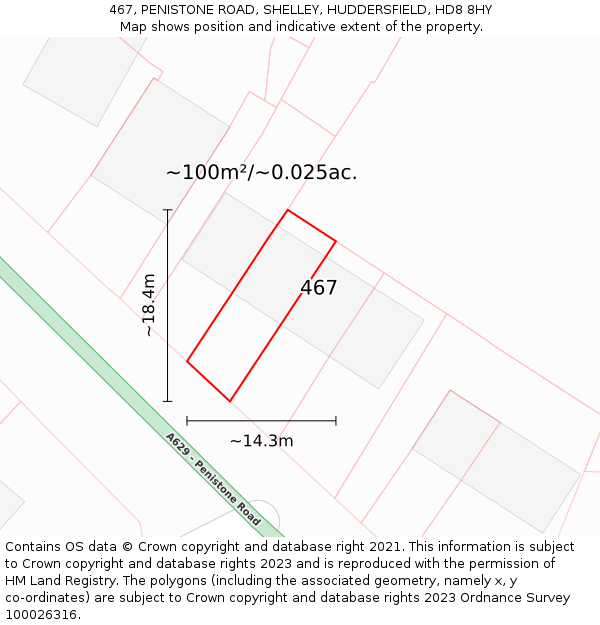 467, PENISTONE ROAD, SHELLEY, HUDDERSFIELD, HD8 8HY: Plot and title map