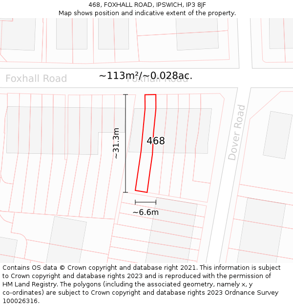 468, FOXHALL ROAD, IPSWICH, IP3 8JF: Plot and title map