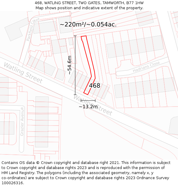 468, WATLING STREET, TWO GATES, TAMWORTH, B77 1HW: Plot and title map