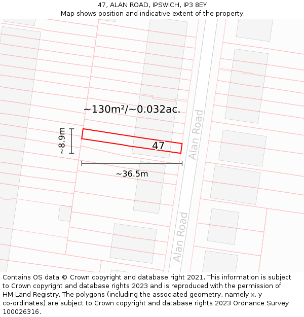 47, ALAN ROAD, IPSWICH, IP3 8EY: Plot and title map