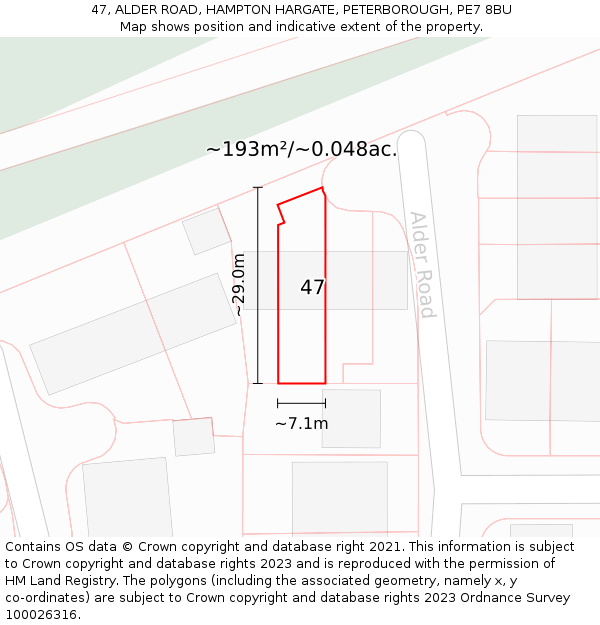 47, ALDER ROAD, HAMPTON HARGATE, PETERBOROUGH, PE7 8BU: Plot and title map