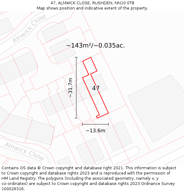 47, ALNWICK CLOSE, RUSHDEN, NN10 0TB: Plot and title map