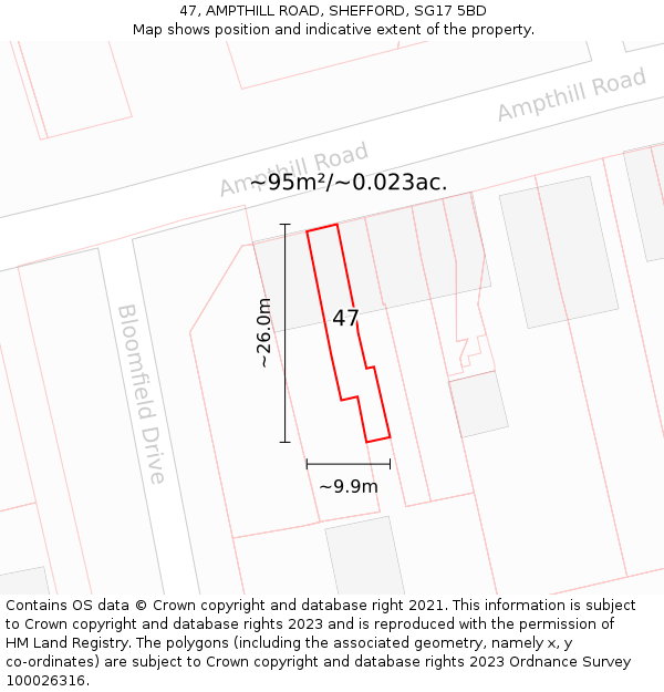 47, AMPTHILL ROAD, SHEFFORD, SG17 5BD: Plot and title map