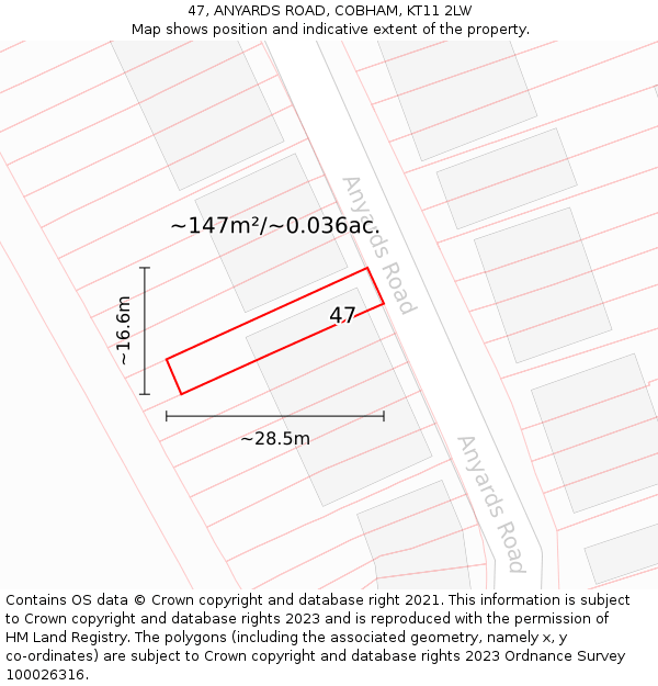 47, ANYARDS ROAD, COBHAM, KT11 2LW: Plot and title map