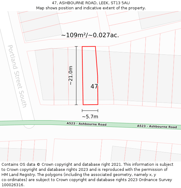 47, ASHBOURNE ROAD, LEEK, ST13 5AU: Plot and title map
