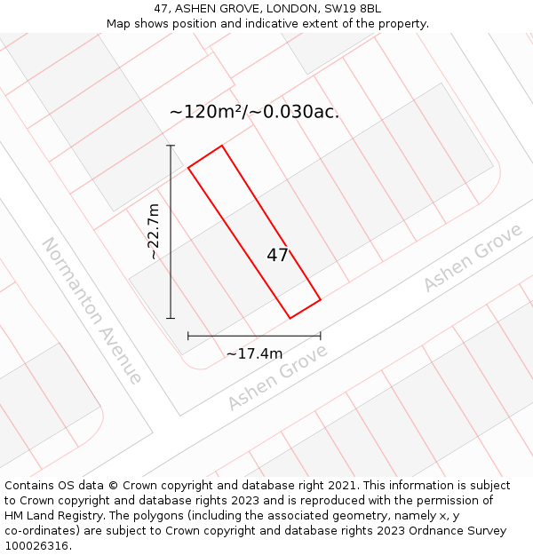 47, ASHEN GROVE, LONDON, SW19 8BL: Plot and title map