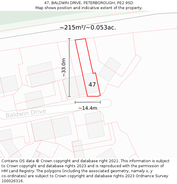 47, BALDWIN DRIVE, PETERBOROUGH, PE2 9SD: Plot and title map