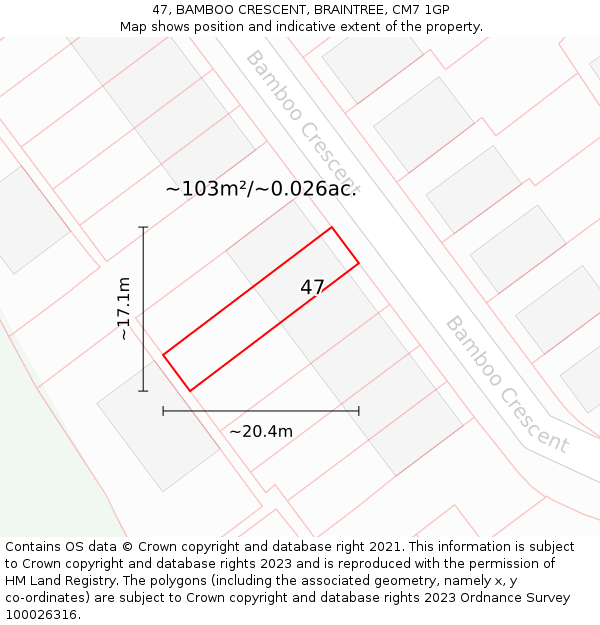 47, BAMBOO CRESCENT, BRAINTREE, CM7 1GP: Plot and title map